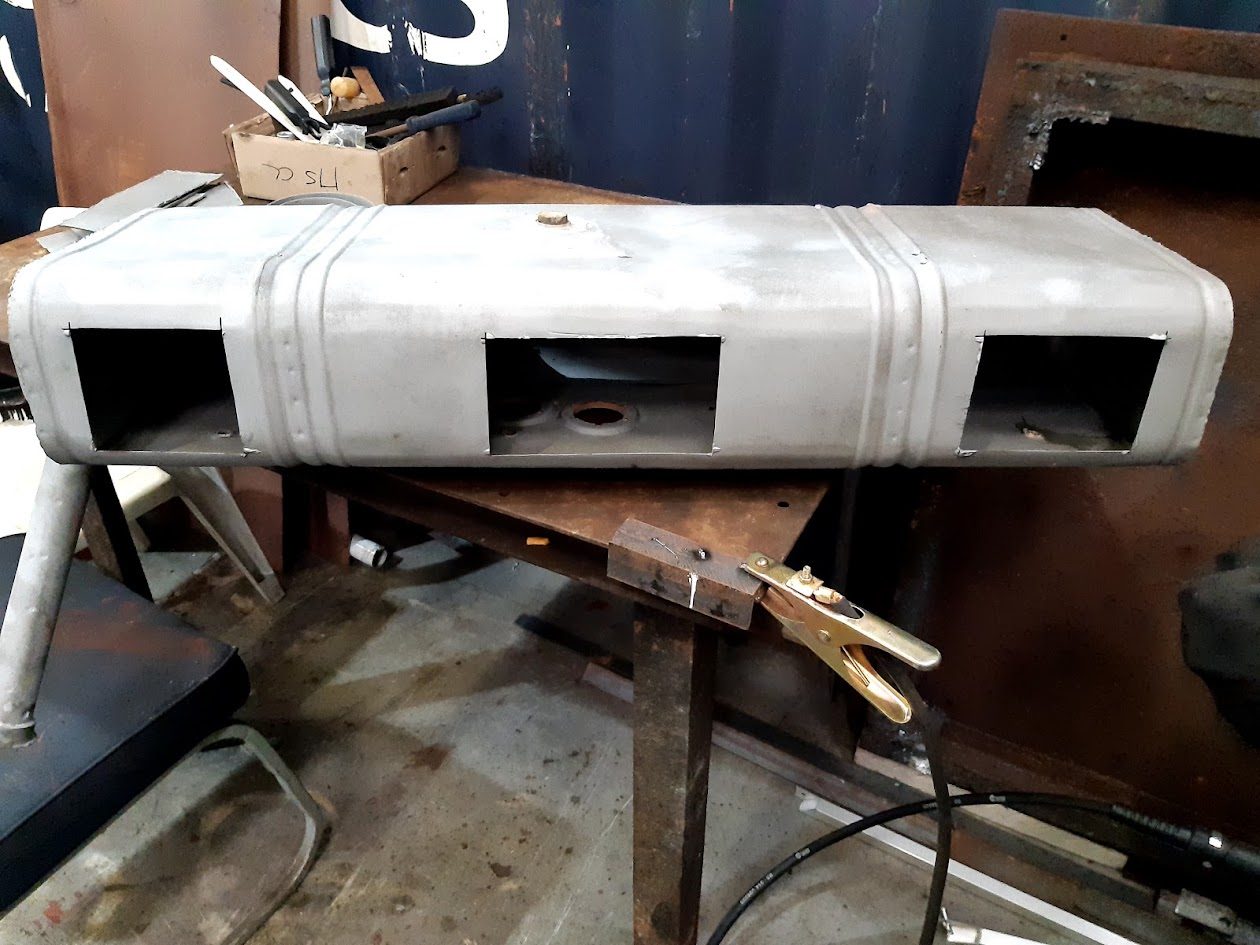 Fuel tank cut open on the workbench